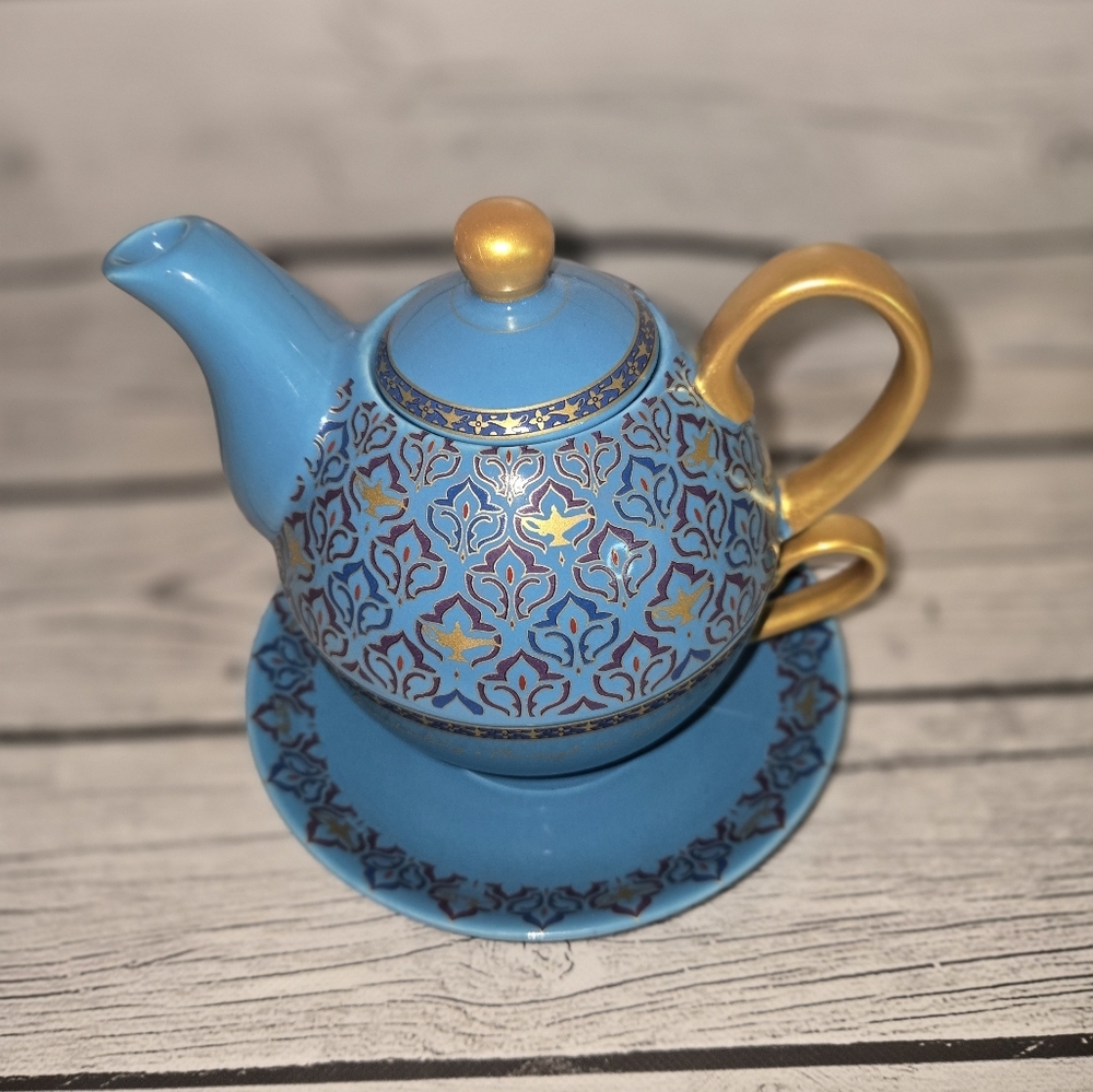 Disney Aladdin The Musical Teapot Cup Saucer Magic Lamp 3 piece blue RARE - Picture 2 of 9